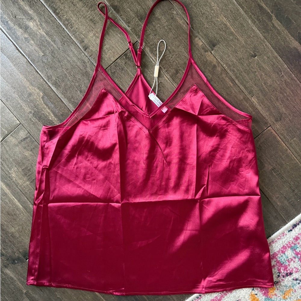 Womens Satin V-Neck Camisole Top with Mesh Trim - Burgundy